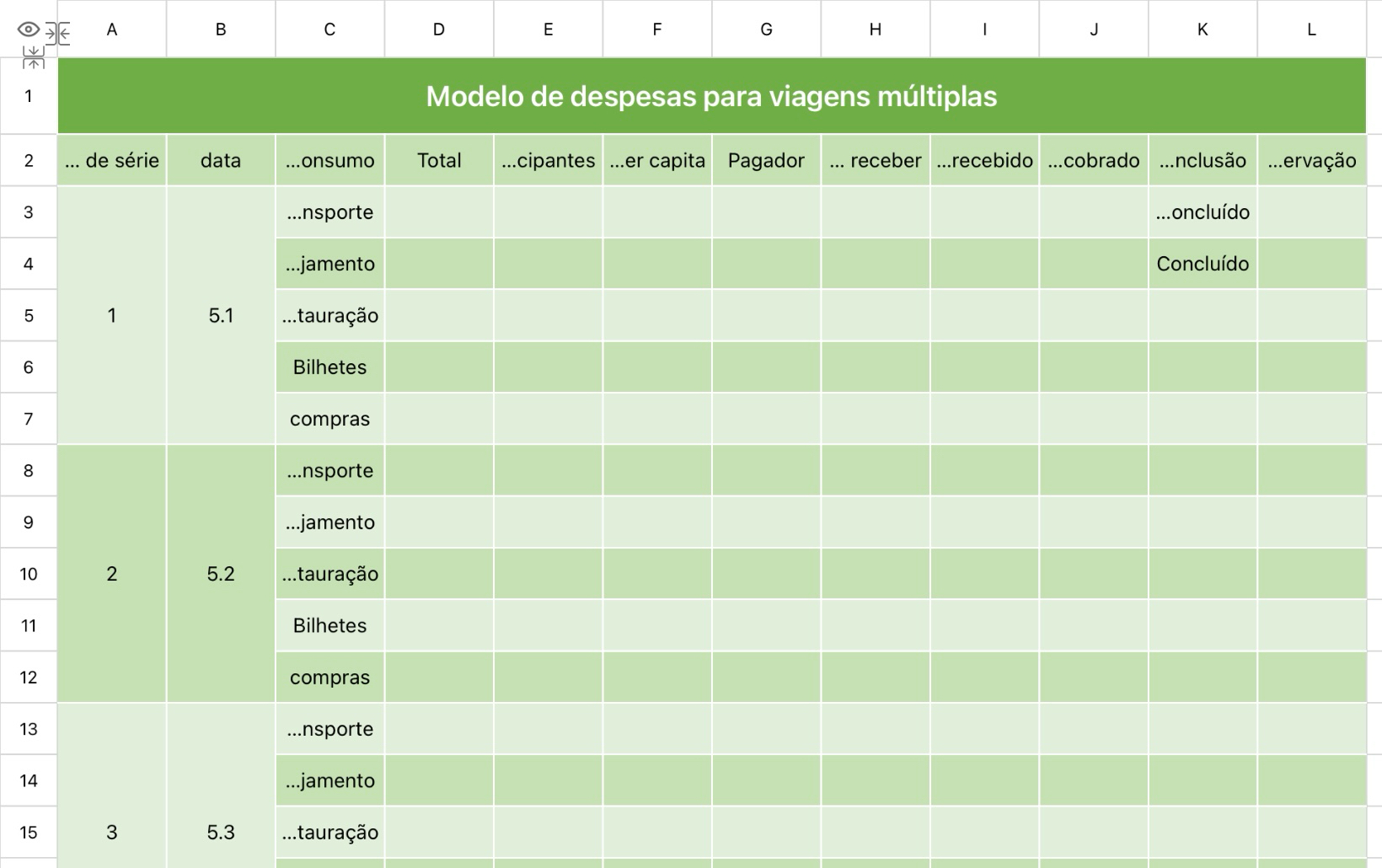 Modelo de despesas para viagens múltiplas